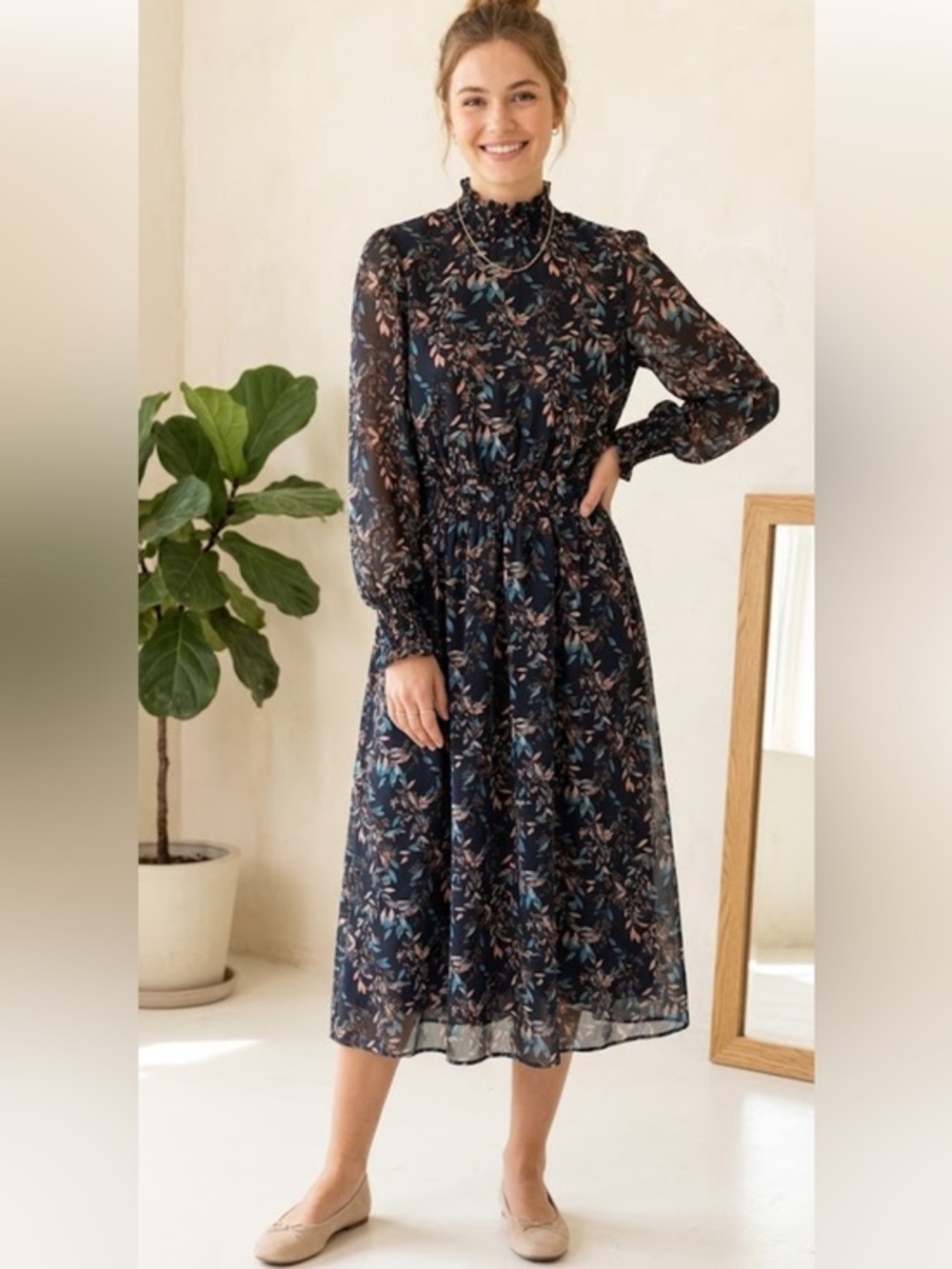 🇪🇸🐠Melloday dress dark floral small elastic waist black blue tan small